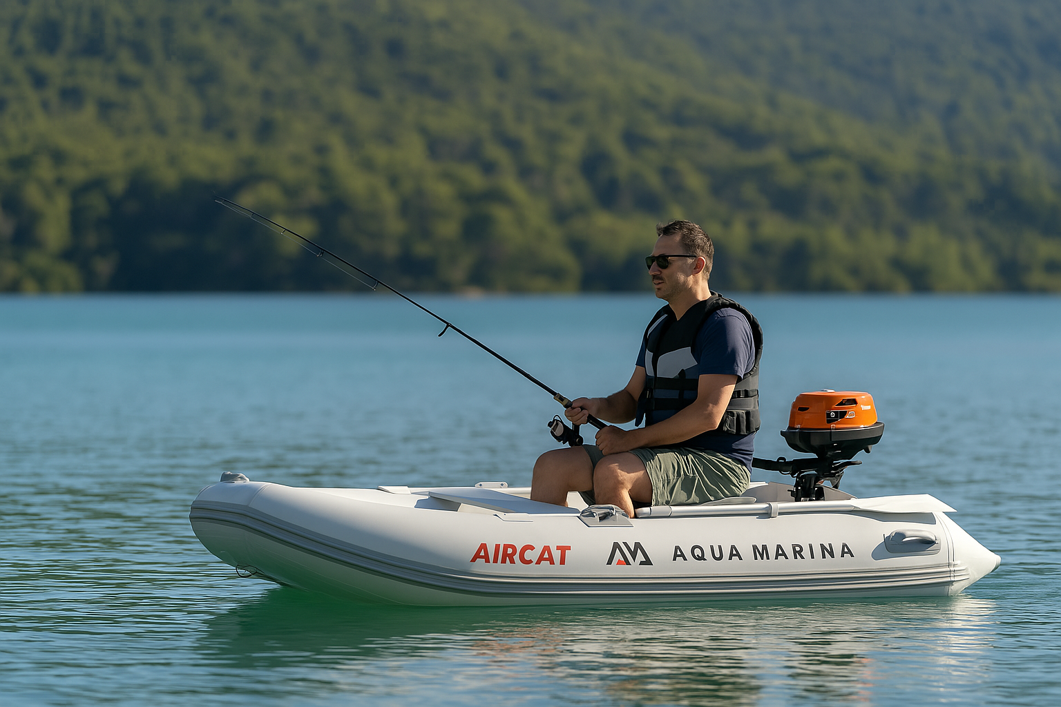 A white man fishing on Aqua Marina AIRCAT