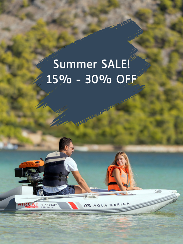 A couple riding on an inflatable Catamaran. It has a summer sale banner between 15-30% discount.